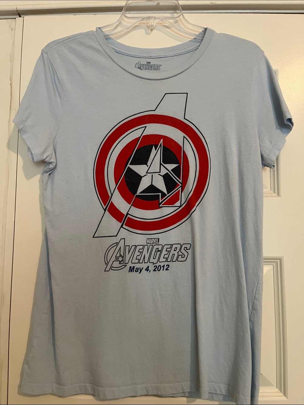 Vintage‎ Marvel Light Blue Avengers Short Sleeve Tee with Red & Black Logo